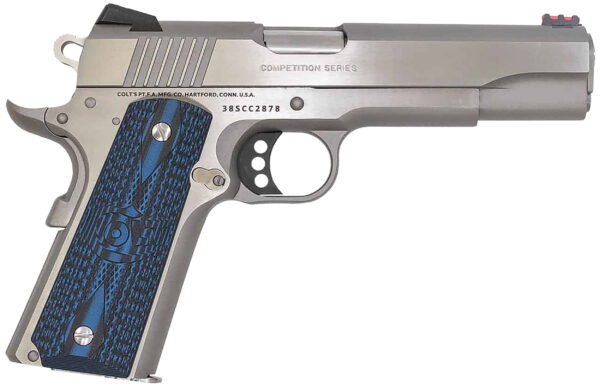 Colt Mfg O1073CCS Competition Government 38 Super 9+1 5" Stainless National Match Barrel, Serrated Slide & Frame With Beavertail, Checkered Blue G10 Grip, Ambidextrous