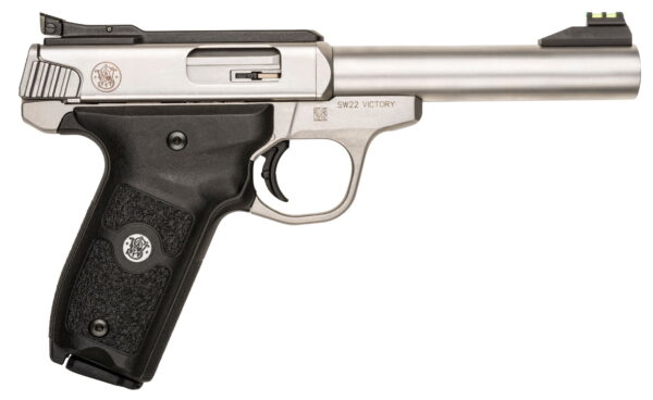 Smith & Wesson 108490 SW22 Victory Full Size Frame 22 LR 10+1, 5.50" Silver Match Grade Barrel, Satin Serrated Slide & Frame, Black Textured Grip, Thumb Safety