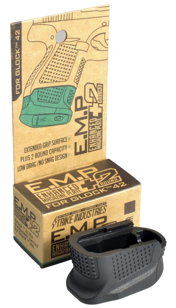 Strike Industries EMPG42B Enhanced Magazine Plate made of Polymer with Black Finish & Extra Gripping Surface for Glock 42 Magazines (Adds 2rds)