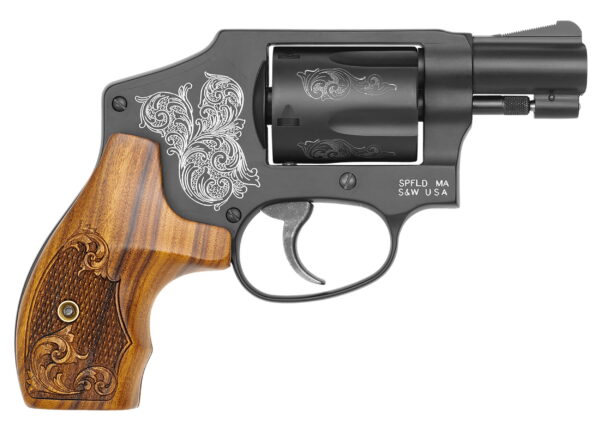 Smith & Wesson 150785 Model 442 38 S&W Spl +P 5 Shot 1.88" Engraved Black Carbon Steel Barrel/Cylinder, Engraved Black Aluminum J-Frame, Engraved Wood Grip, Mahogany Presentation Case