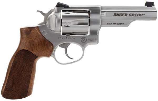 Ruger 1754 GP100 Match Champion Medium Frame 357 Mag 6rd 4.20" Satin Stainless Steel Half-Lug Barrel, Cylinder & Frame, Hogue Stippled Hardwood Grip, Transfer Bar Safety, Exposed Hammer