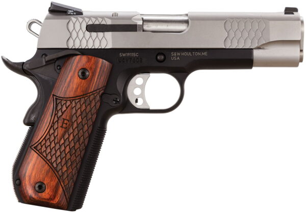 Smith & Wesson 108485 1911 E-Series 45 ACP 4.25" Barrel 8+1, Black Round Butt Scandium Frame, Satin Stainless Steel Slide, Laminate Wood Grip, Manual Grip & Thumb Safety