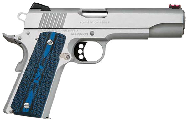 Colt Mfg O1072CCS Competition Government 9mm Luger 9+1 5" Stainless National Match Barrel, Serrated Slide & Frame With Beavertail, Checkered Blue G10 Grip, Ambidextrous