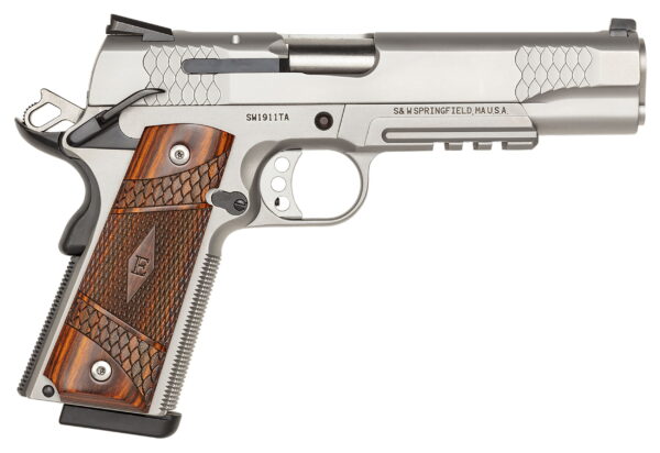 Smith & Wesson 108411 1911 E-Series 45 ACP 5" Barrel 8+1, Satin Stainless Steel Frame & Slide, Laminate Wood E Series Grip, Tactical Accessory Rail, Manual Grip & Thumb Safety