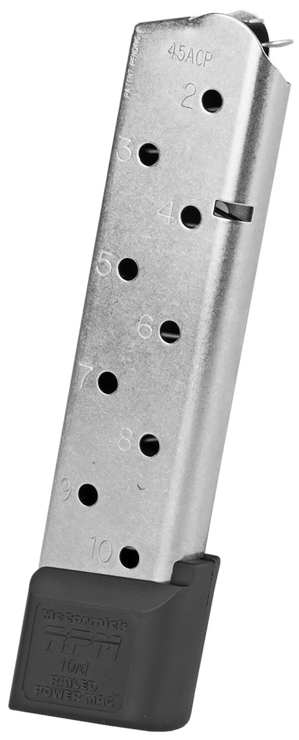 CMC Products 17150 Power Mag Railed 10rd 45 ACP Fits 1911 Government Stainless Steel With Black Base Pad