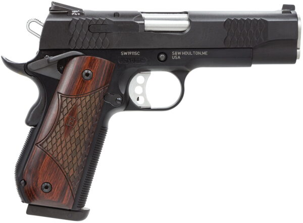 Smith & Wesson 108483 1911 E-Series 45 ACP 7+1/8+1, 4.25" Stainless Steel Barrel, Black Serrated Stainless Steel Slide, Black Aluminum Frame With Beavertail, Round Butt Laminate Wood Grip