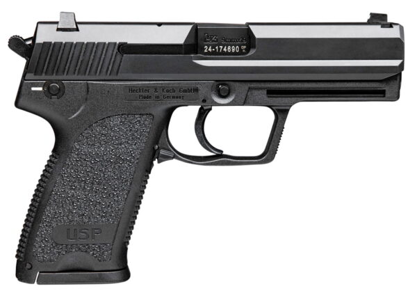 HK 81000310 USP V1 9mm Luger Caliber with 4.25" Barrel, 10+1 Capacity, Overall Black Finish, Serrated Trigger Guard Frame, Serrated Steel Slide, Polymer Grip & No Manual Safety Includes 3 Mags