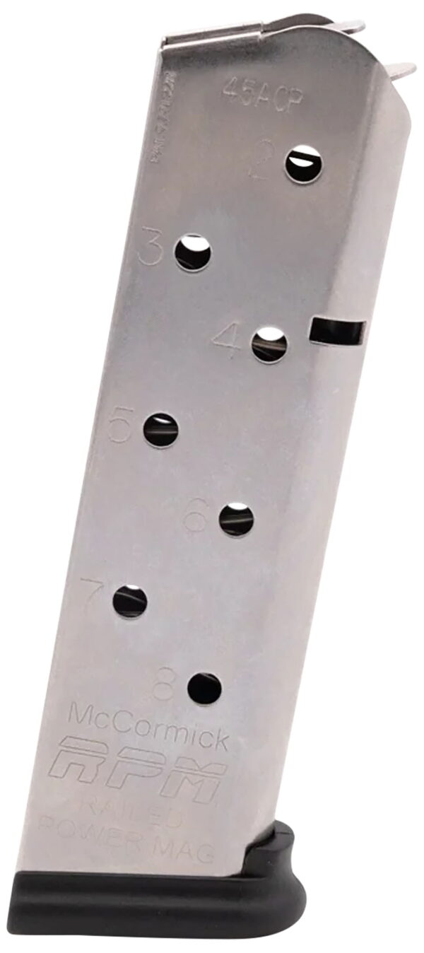 CMC Products 17130 Power Mag Railed 8rd 45 ACP Fits 1911 Government Stainless Steel With Black Base Pad