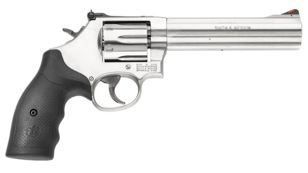 Smith & Wesson 164224 Model 686 357 Mag or 38 S&W Spl +P Stainless Steel 6" Barrel & 6rd Cylinder, Satin Stainless Steel L-Frame, Red Ramp Front/Adjustable White Outline Rear Sights Internal Lock