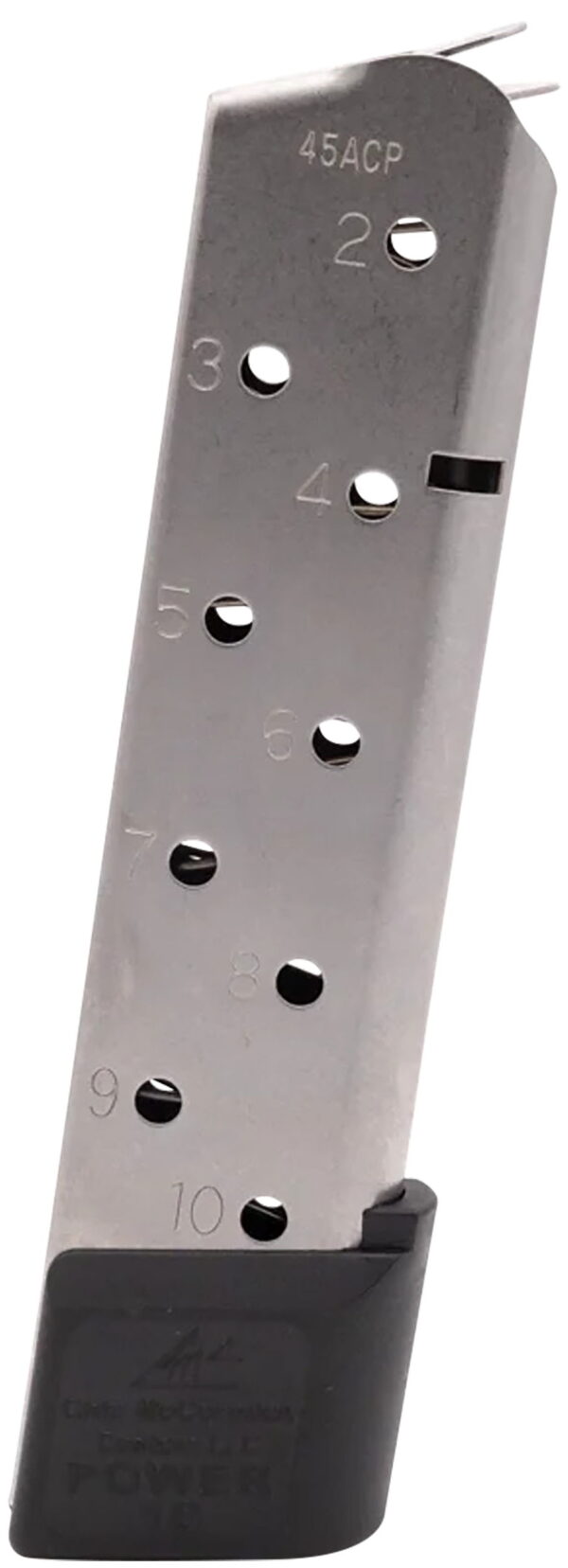 CMC Products 15150 Power Mag 10rd 45 ACP Fits 1911 Government Stainless Steel With Black Base Pad