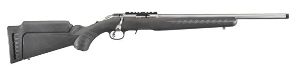 Ruger 8351 American Rimfire Full Size 22 LR 10+1 18" Satin Stainless Threaded Barrel, Satin Stainless Scope Rail Receiver, Black Synthetic Adjustable Stock, Right Hand