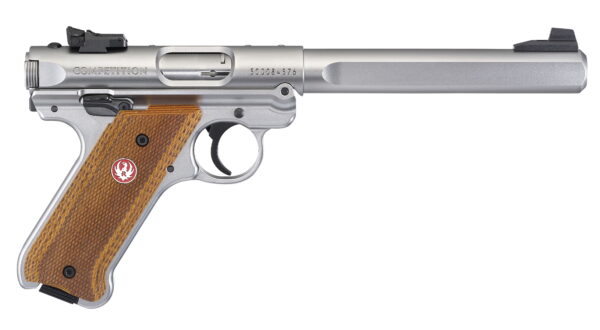 Ruger 40112 Mark IV Competition 22 LR 10+1 6.88" Satin Stainless Slab-Sided Bull Barrel, Satin Stainless Steel/Optic Ready Slide, Checkered Laminate With Thumbrest Grip