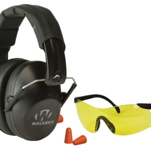 Walker's GWPFPM1GFP Pro Low Profile Passive Muff Combo Kit Includes Foam Ear Plugs, Low Profile 31 db Over the Head Passive Muff, Shooting Glasses With Yellow Lens