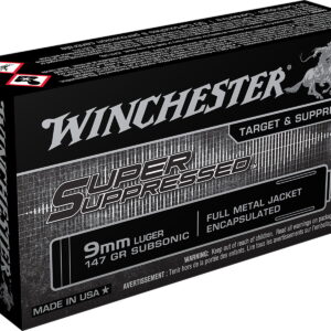 Winchester Ammo SUP9 Super Suppressed 9mm Luger Subsonic 147 gr Encapsulated Full Metal Jacket 50 Per Box/10 Case