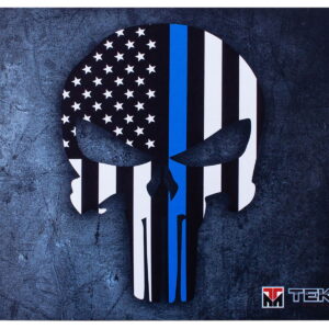 TekMat TEKR17PUNISHERBL Punisher Blue Line Cleaning Mat 17"x11" Black/White/Blue Thermoplastic Fiber Top With Vulcanized Rubber Back/ Blue Line Punisher Skull Illustration