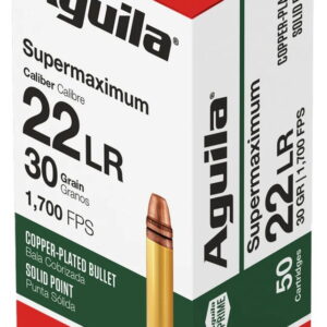 Aguila 1B220298 Supermaximum Rimfire 22LR 30gr Copper Plated Solid Point 50 Per Box/20 Case