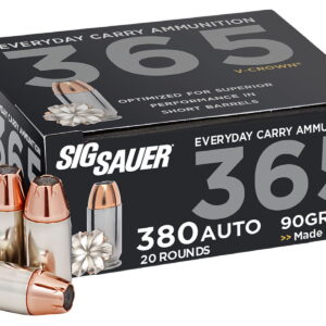 Sig Sauer E380A136520 Elite Performance 365 380 ACP 90 gr V Crown Jacketed Hollow Point 20 Per Box/10 Case
