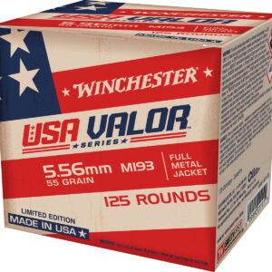 Winchester Ammo USA193125 USA Valor M193 5.56x45mm NATO 55 gr Full Metal Jacket 125 Per Box/10 Case