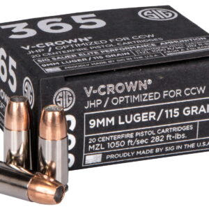 Sig Sauer E9MMA136520 Elite Performance 365 9mm Luger 115 gr V Crown Jacketed Hollow Point 20 Per Box/10 Case