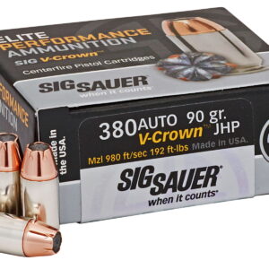 Sig Sauer E380A150 Elite Performance 380 ACP 90 gr V Crown Jacketed Hollow Point 50 Per Box/10 Case