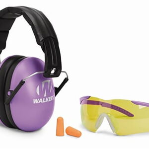 Walker's GWPYWFM2GFPPUR Folding Muff Combo 23 dB Over the Head Folding Muff, Foam Ear Plugs, Shooting Glasses, Purple/Black Polymer Fits Youth/Women